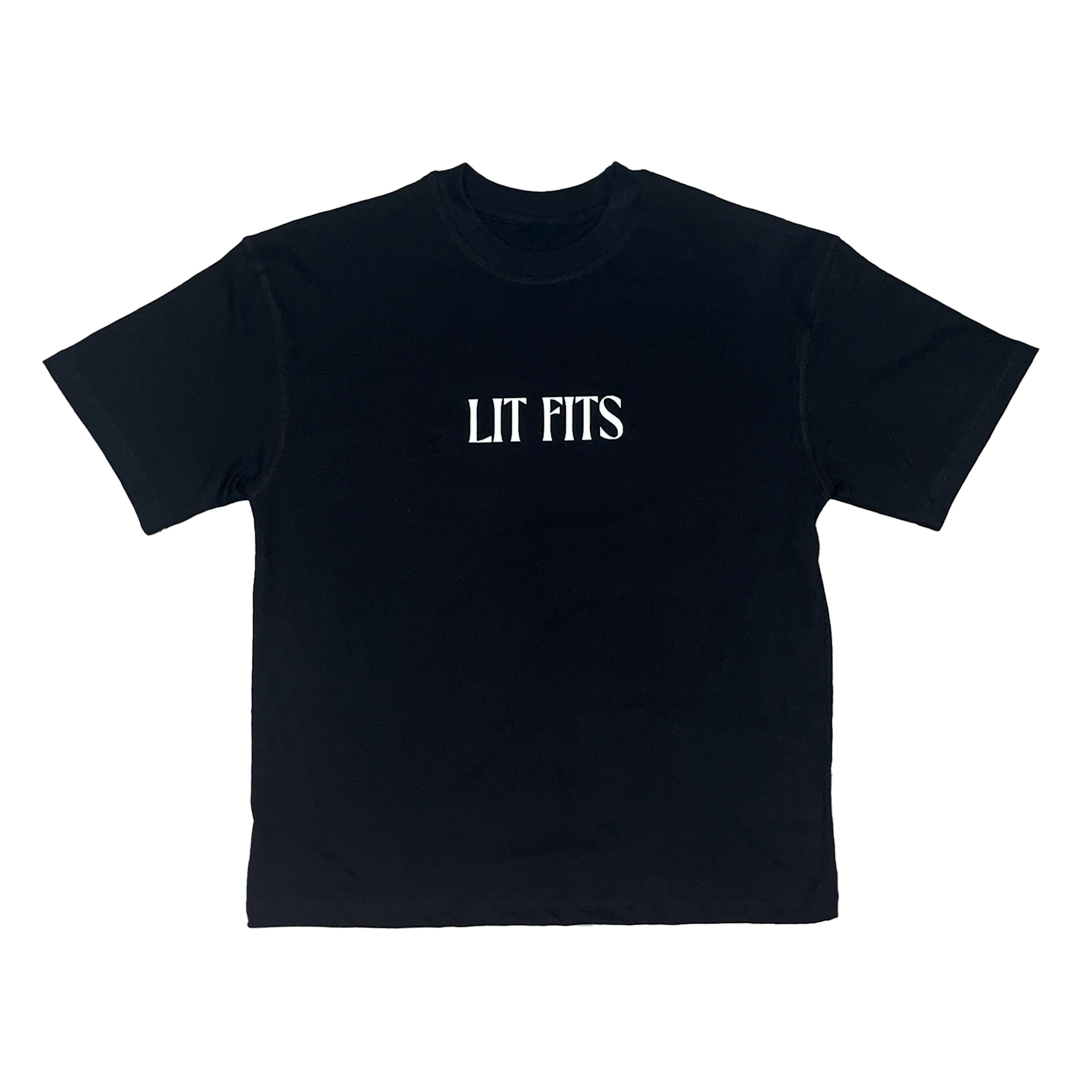 Black oversized t-shirt with 'LIT FITS' print, made from premium 240 gsm cotton fabric, featuring half sleeves and a round neck.