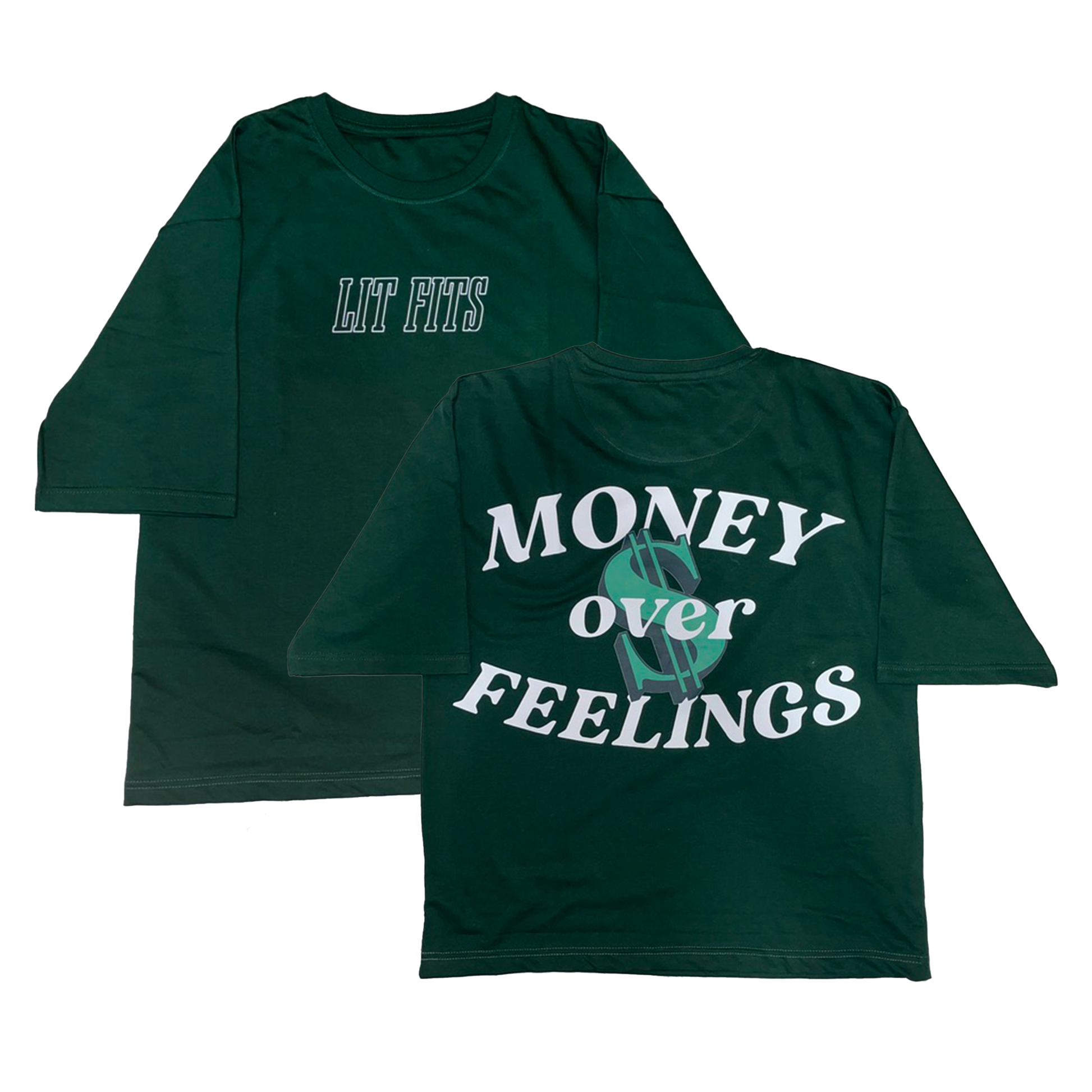 Money oversized t-shirt in green, featuring HD prints, round neck, and premium 240 gsm French terry fabric.
