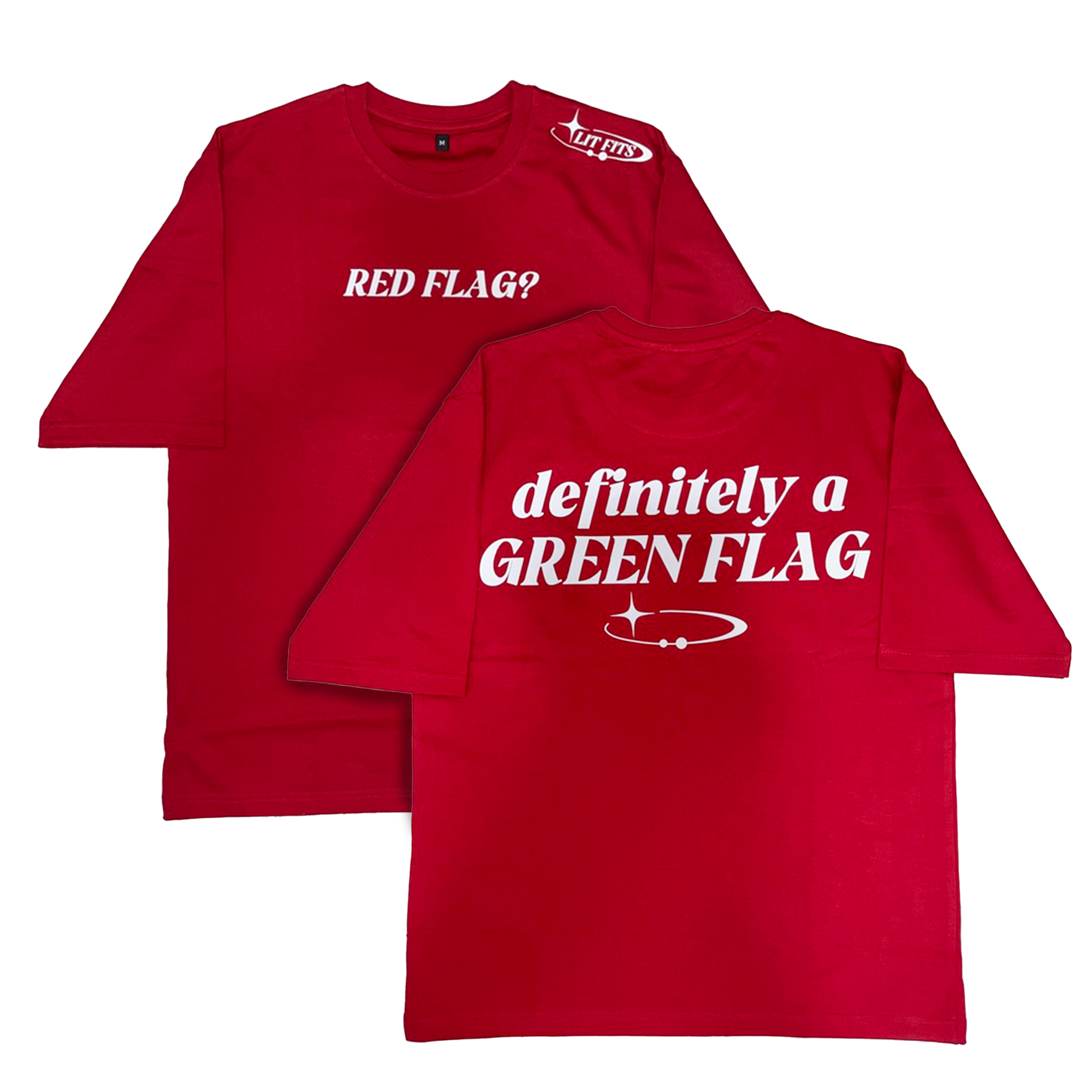 Red Flag oversized t-shirt in premium 240 gsm french terry with HD prints on the front and back, featuring a round neck and half sleeves.