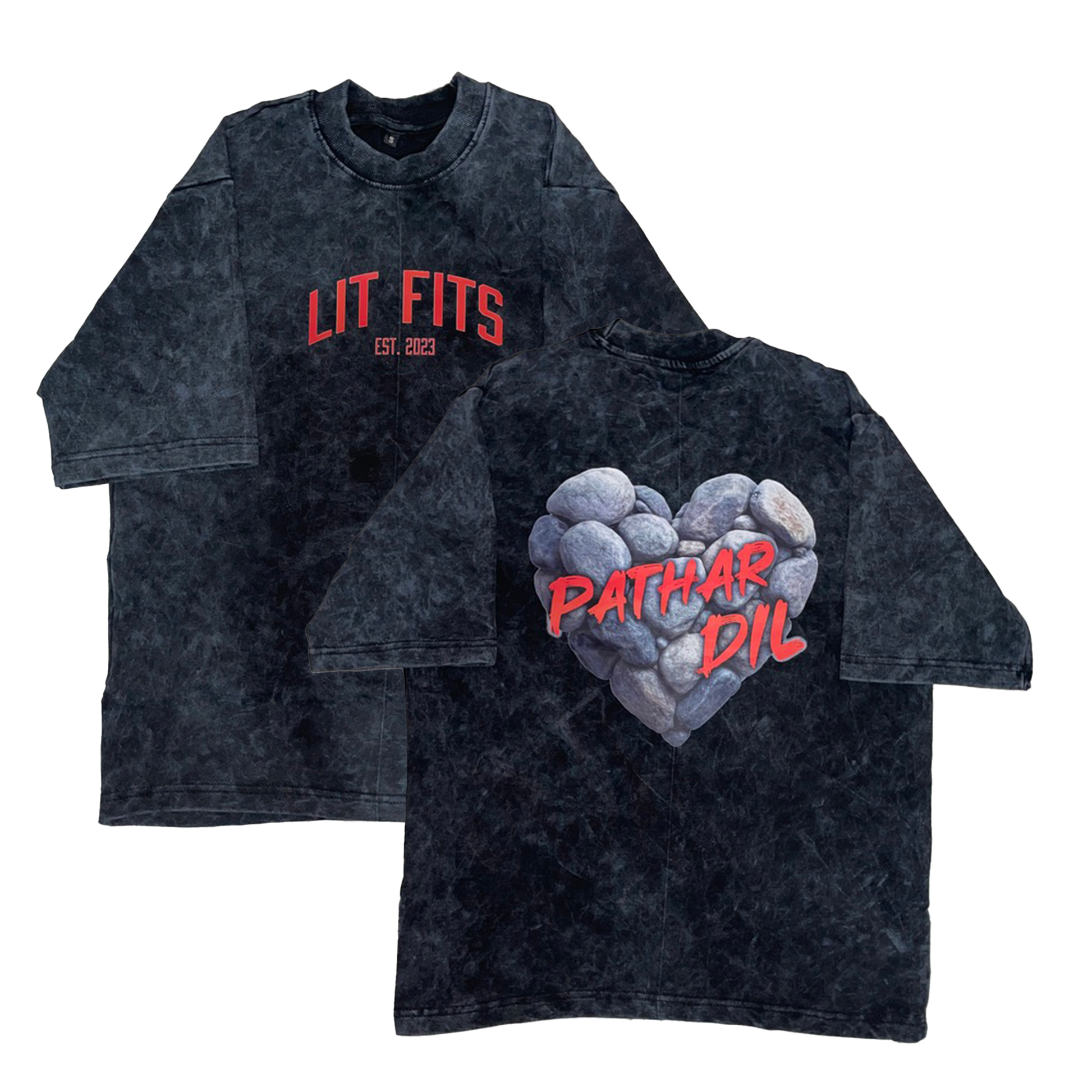 Pathar Dil oversized t-shirt in stone-washed grey, featuring HD prints and premium 240 gsm french terry fabric.