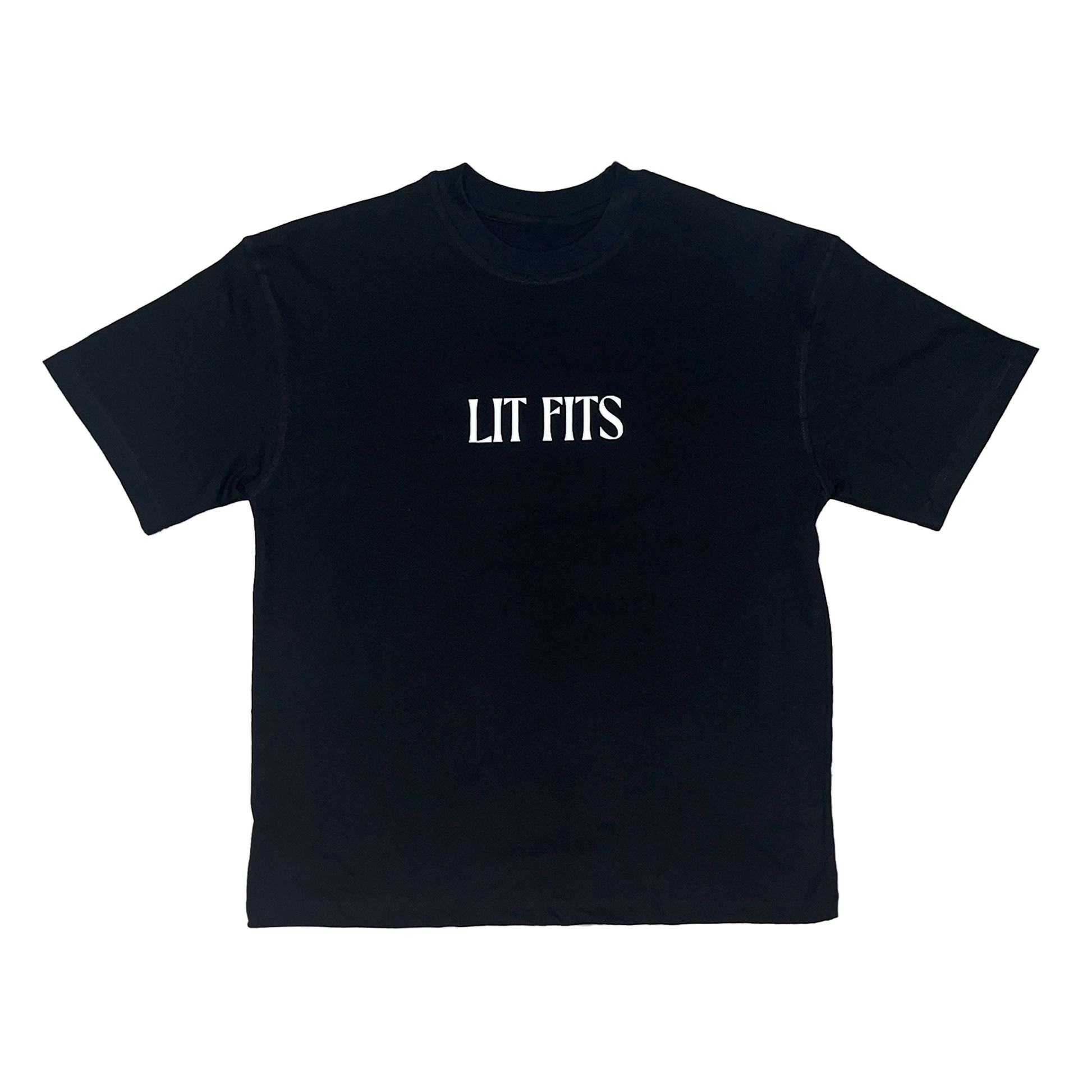 Black oversized t-shirt with 'LIT FITS' print, made from premium 240 gsm cotton fabric, featuring half sleeves and a round neck.