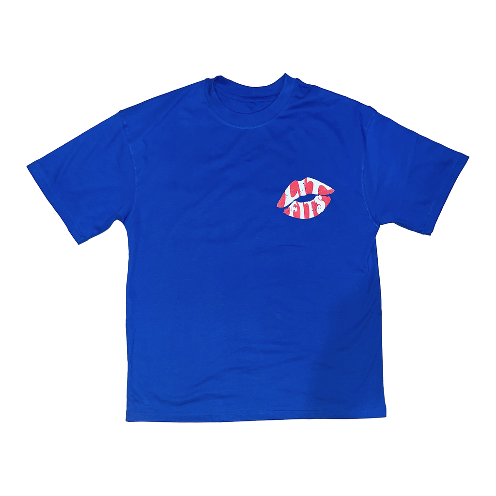 Attention Oversized Tshirt in blue, featuring HD printed lip design, made of premium 240 gsm cotton terry, oversized fit.