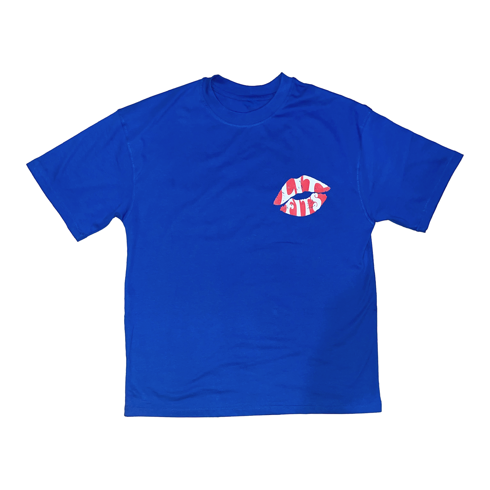 Attention Oversized Tshirt in blue, featuring HD printed lip design, made of premium 240 gsm cotton terry, oversized fit.